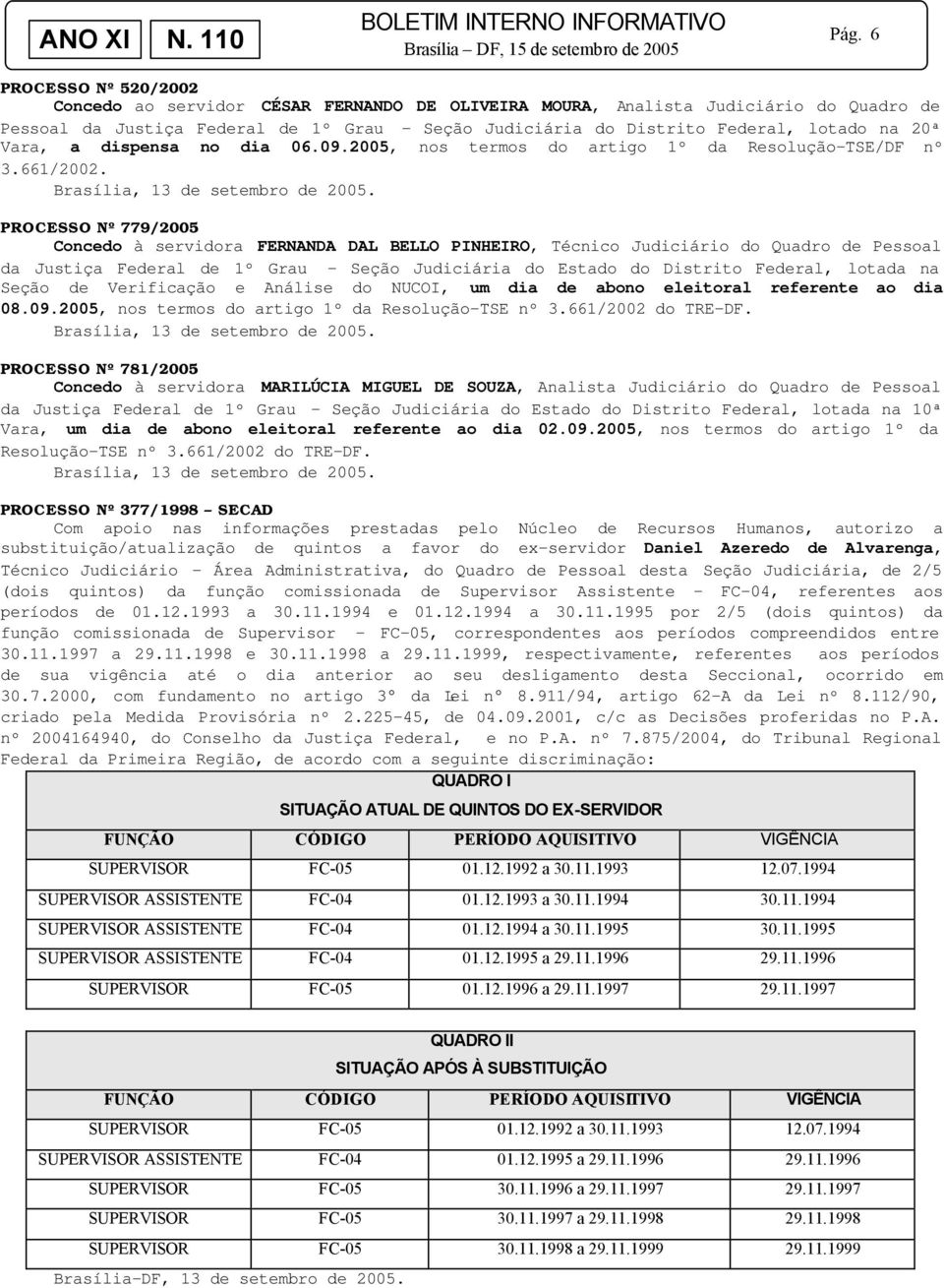 PROCESSO Nº 779/2005 Concedo à servidora FERNANDA DAL BELLO PINHEIRO, Técnico Judiciário do Quadro de Pessoal da Justiça Federal de 1º Grau - Seção Judiciária do Estado do Distrito Federal, lotada na