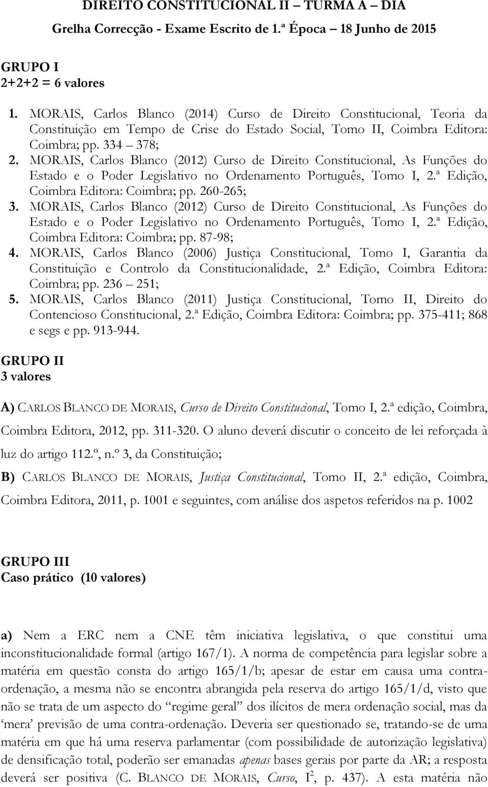 MORAIS, Carlos Blanco (2012) Curso de Direito Constitucional, As Funções do Estado e o Poder Legislativo no Ordenamento Português, Tomo I, 2.ª Edição, Coimbra Editora: Coimbra; pp. 260-265; 3.