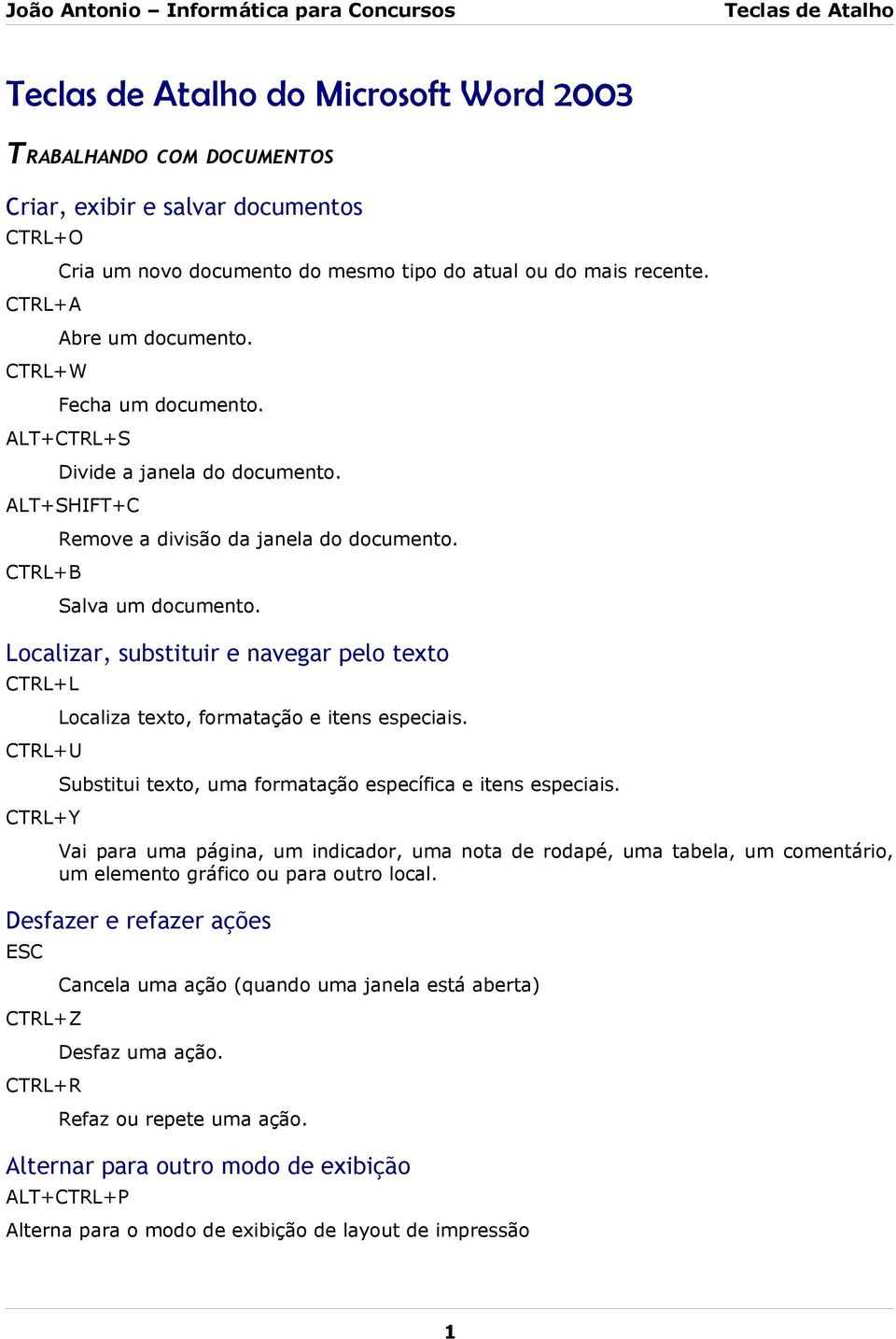 Localizar, substituir e navegar pelo texto CTRL+L CTRL+U CTRL+Y Localiza texto, formatação e itens especiais. Substitui texto, uma formatação específica e itens especiais.