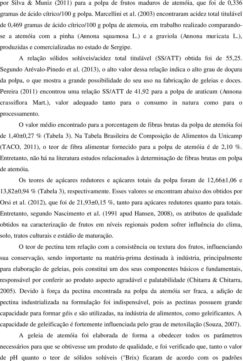 ) e a graviola (Annona muricata L.), produzidas e comercializadas no estado de Sergipe. A relação sólidos solúveis/acidez total titulável (SS/ATT) obtida foi de 55,25. Segundo Arévalo-Pinedo et al.