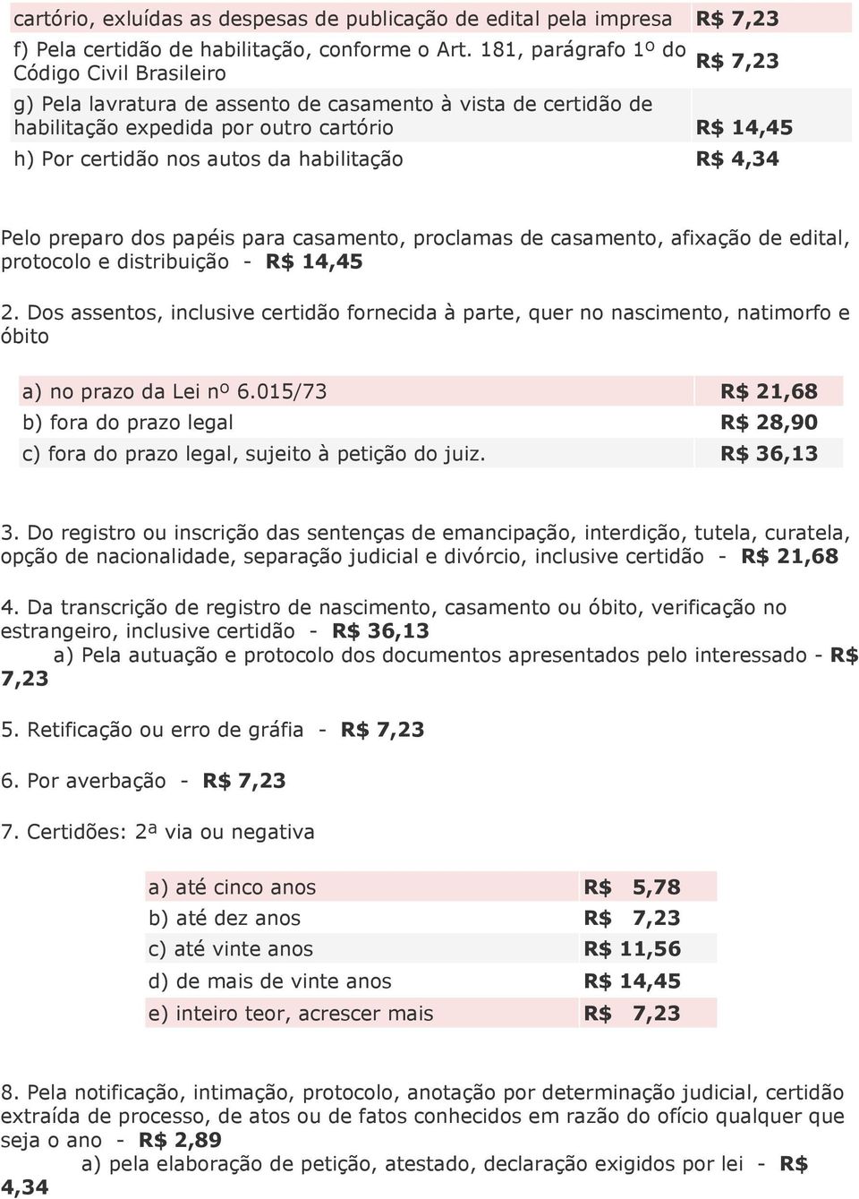 habilitação R$ 4,34 Pelo preparo dos papéis para casamento, proclamas de casamento, afixação de edital, protocolo e distribuição - R$ 14,45 2.