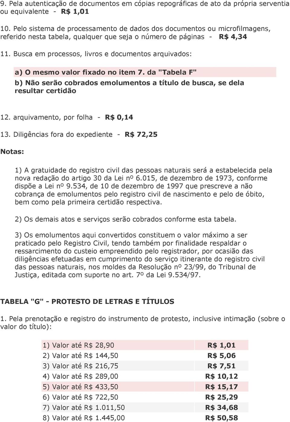 Busca em processos, livros e documentos arquivados: a) O mesmo valor fixado no item 7. da "Tabela F" b) Não serão cobrados emolumentos a título de busca, se dela resultar certidão 12.