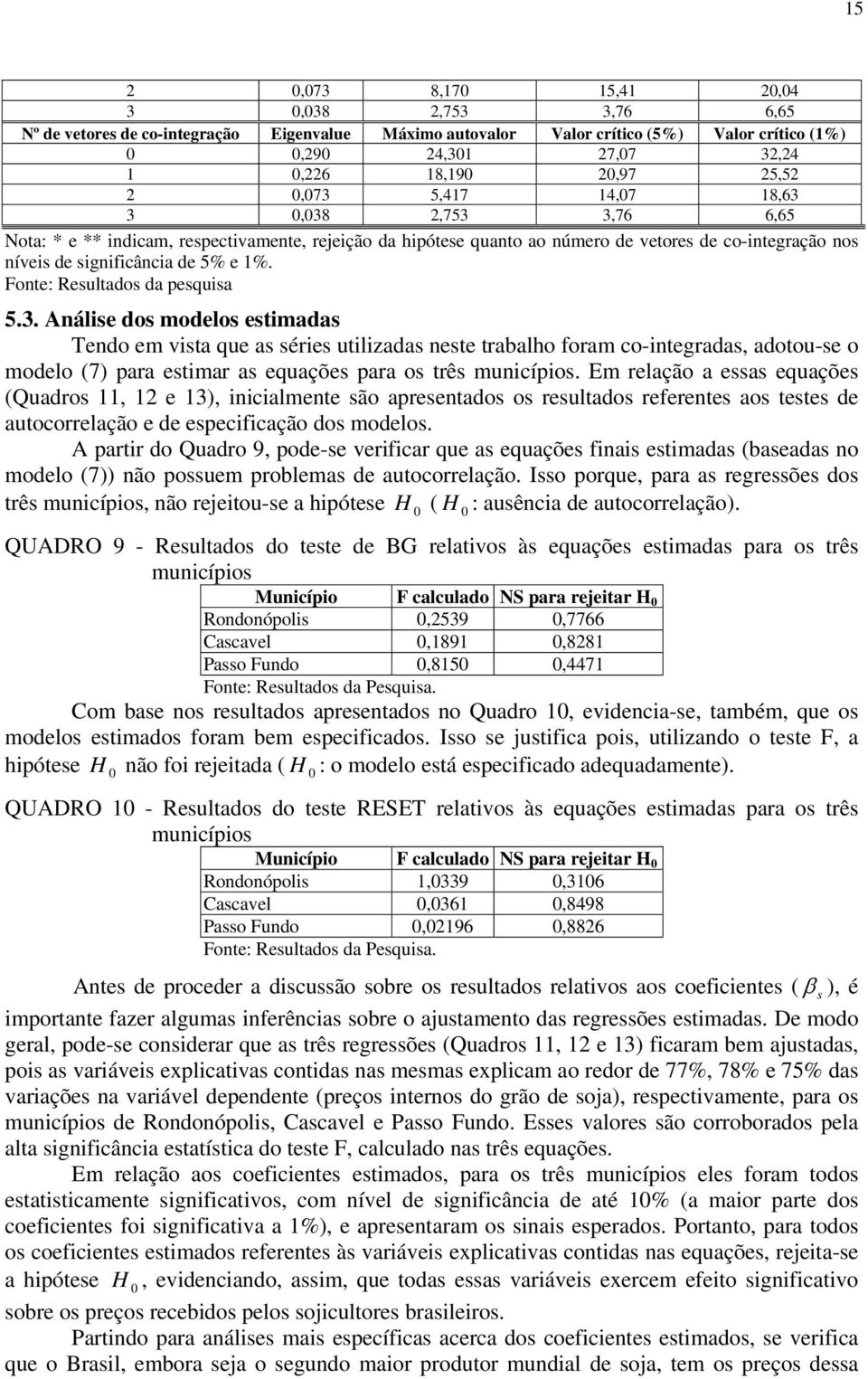 Análise dos modelos esimadas Tendo em visa que as séries uilizadas nese rabalho foram co-inegradas, adoou-se o modelo (7) para esimar as equações para os rês municípios.