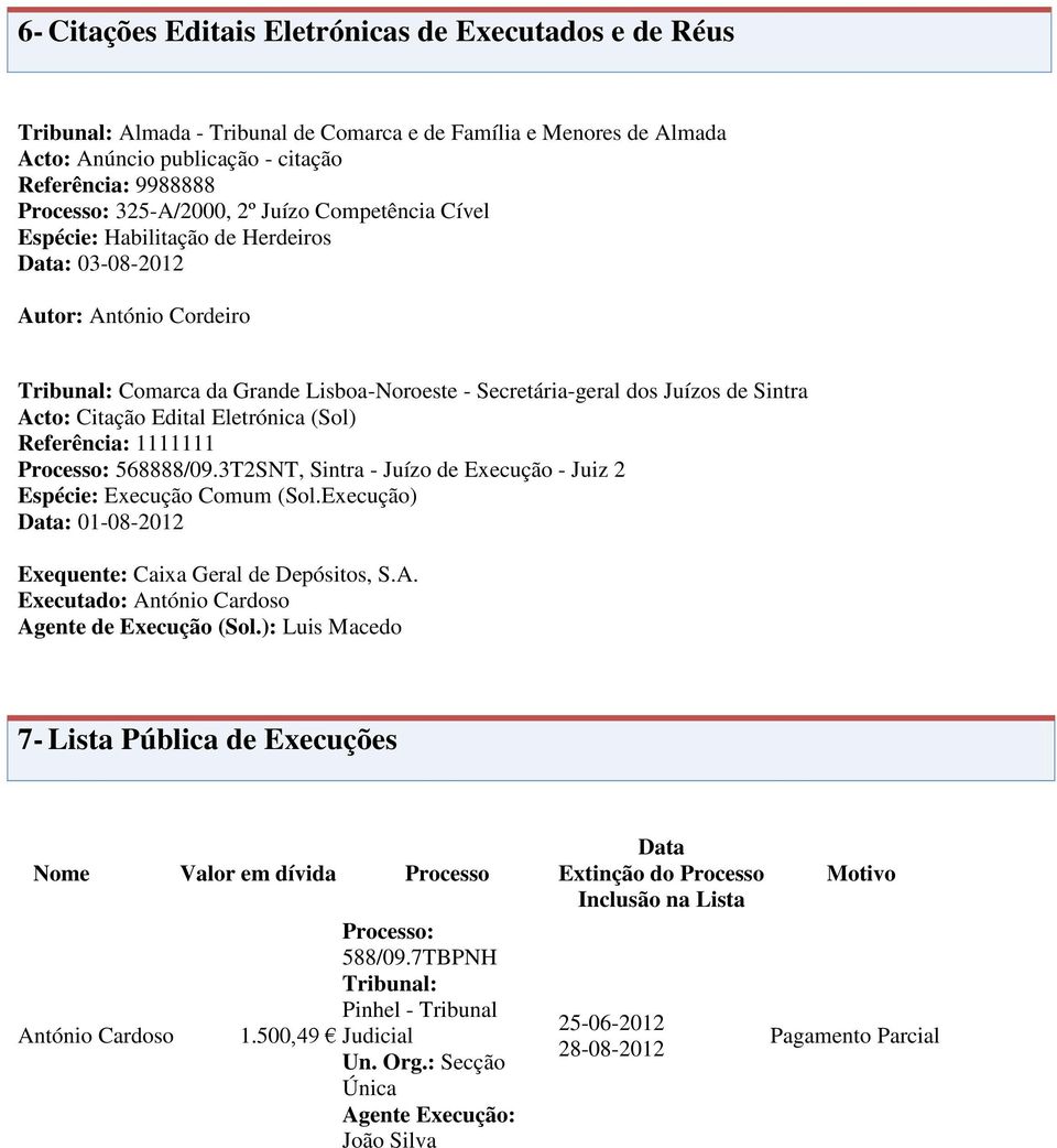 Acto: Citação Edital Eletrónica (Sol) Referência: 1111111 Processo: 568888/09.3T2SNT, Sintra - Juízo de Execução - Juiz 2 Espécie: Execução Comum (Sol.