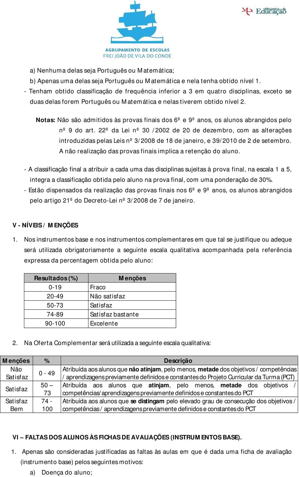 Notas: Não são admitidos às provas finais dos 6º e 9º anos, os alunos abrangidos pelo nº 9 do art.