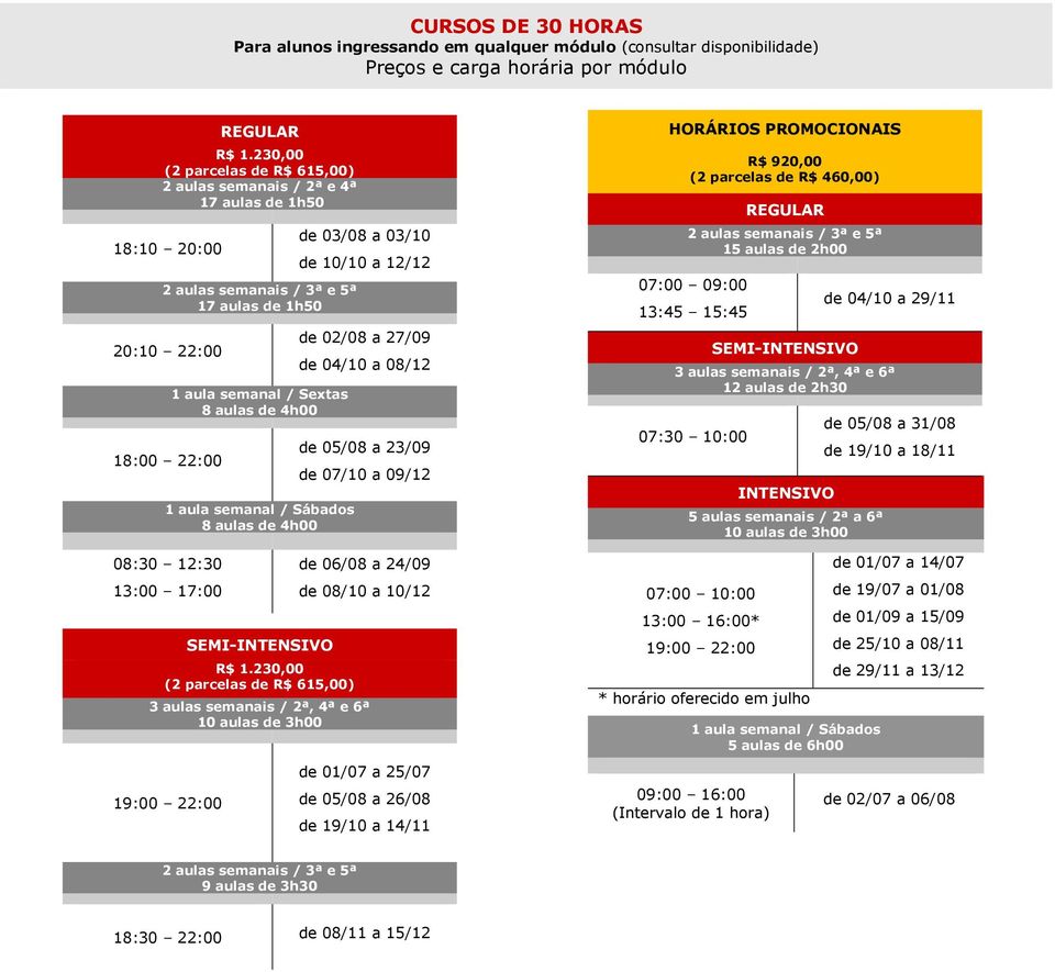 230,00 (2 parcelas de R$ 615,00) de 03/08 a 03/10 de 10/10 a 12/12 de 02/08 a 27/09 de 04/10 a 08/12 de 05/08 a 23/09 de 07/10 a 09/12 de 06/08 a 24/09 de 08/10 a 10/12 10 aulas de 3h00 de 01/07 a