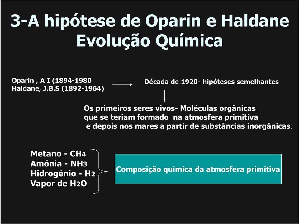 orgânicas que se teriam formado na atmosfera primitiva e depois nos mares a partir de