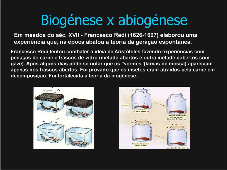 Francesco Redi tentou combater a idéia de Aristóteles fazendo experiências com pedaços de carne e frascos de vidro (metade abertos