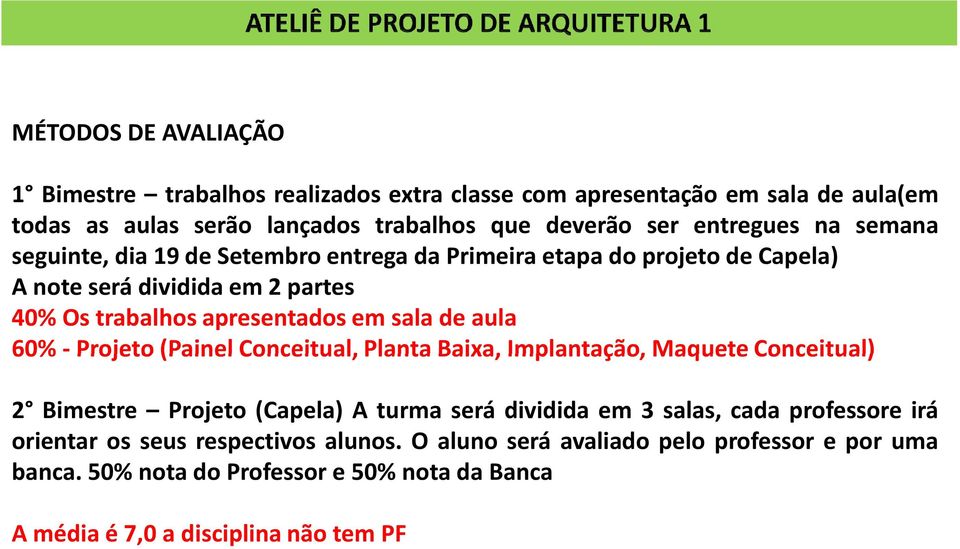 sala de aula 60%- Projeto(Painel Conceitual, Planta Baixa, Implantação, Maquete Conceitual) 2 Bimestre Projeto (Capela) A turma será dividida em 3 salas, cada