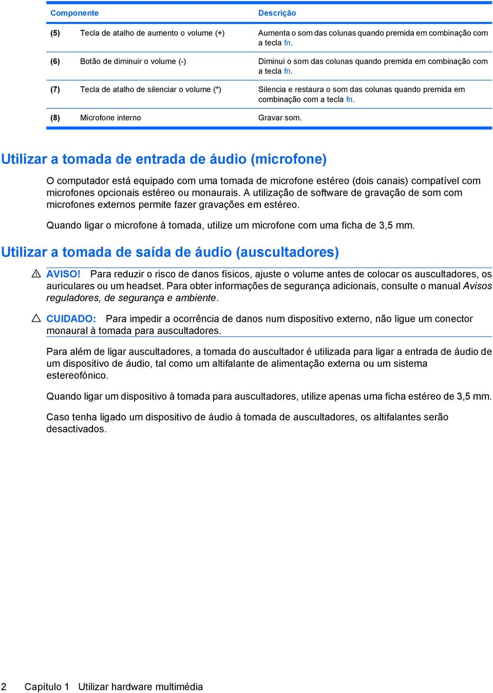 (7) Tecla de atalho de silenciar o volume (*) Silencia e restaura o som das colunas quando premida em combinação com a tecla fn. (8) Microfone interno Gravar som.