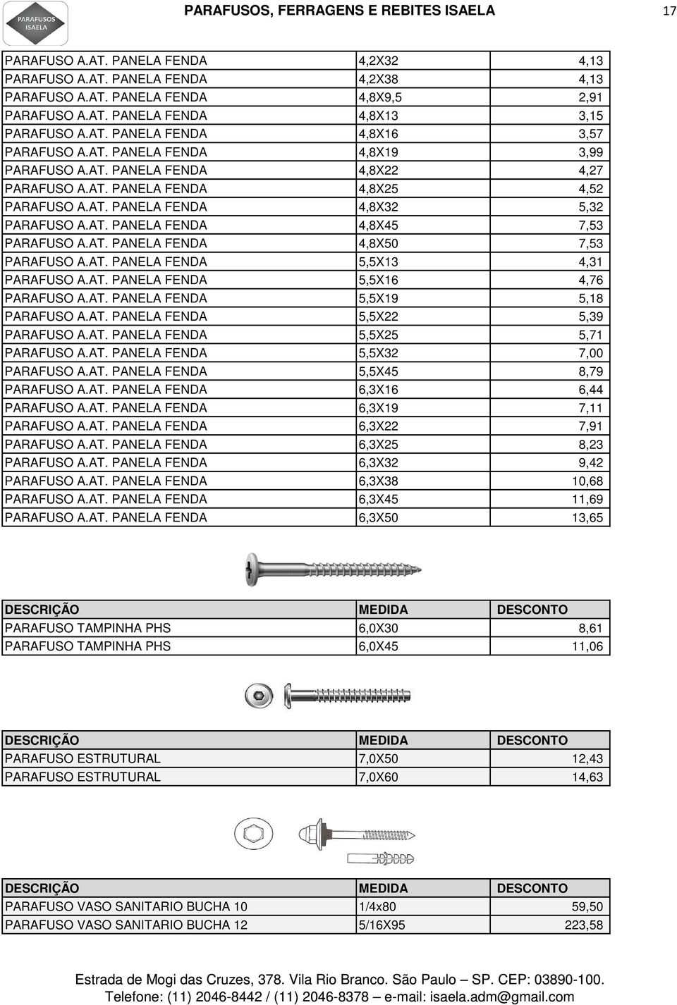 AT. PANELA FENDA 4,8X45 7,53 PARAFUSO A.AT. PANELA FENDA 4,8X50 7,53 PARAFUSO A.AT. PANELA FENDA 5,5X13 4,31 PARAFUSO A.AT. PANELA FENDA 5,5X16 4,76 PARAFUSO A.AT. PANELA FENDA 5,5X19 5,18 PARAFUSO A.