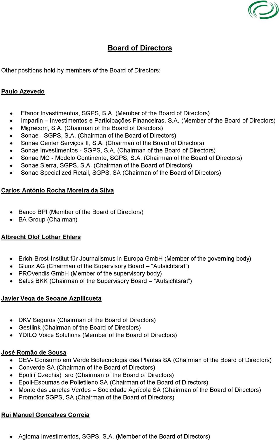 A. (Chairman of the Board of Directors) Sonae MC - Modelo Continente, SGPS, S.A. (Chairman of the Board of Directors) Sonae Sierra, SGPS, S.A. (Chairman of the Board of Directors) Sonae Specialized