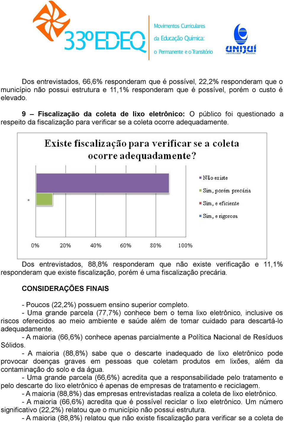 Dos entrevistados, 88,8% responderam que não existe verificação e 11,1% responderam que existe fiscalização, porém é uma fiscalização precária.