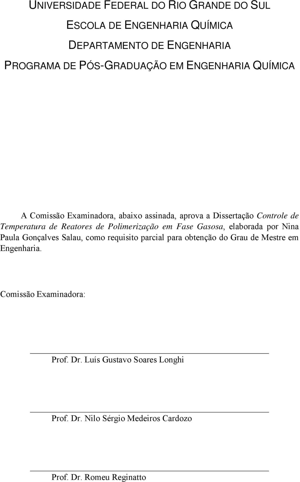 Polimerização em Fase Gasosa, elaborada por Nina Paula Gonçalves Salau, como requisito parcial para obtenção do Grau de Mestre