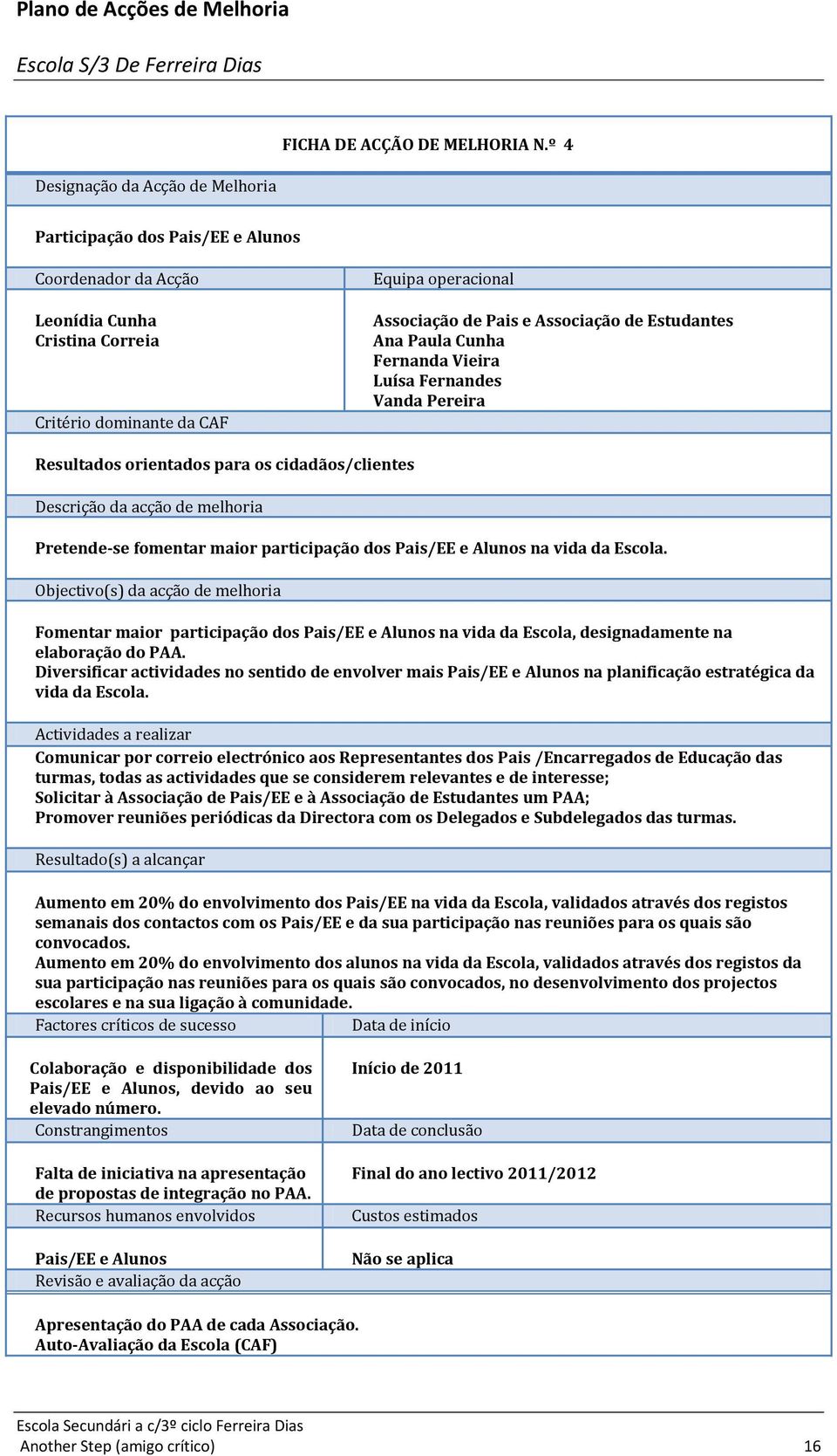 Fernanda Vieira Luísa Fernandes Vanda Pereira Resultados orientados para os cidadãos/clientes Descrição da acção de melhoria Pretende-se fomentar maior participação dos Pais/EE e Alunos na vida da