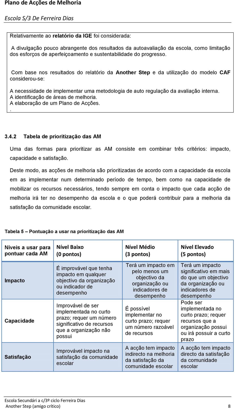 A identificação de áreas de melhoria. A elaboração de um Plano de Acções.. 3.4.