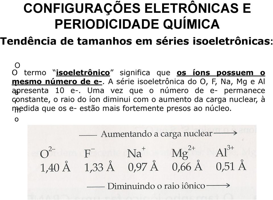 A série isoeletrônica do O, F, Na, Mg e Al apresenta e 10 e-.