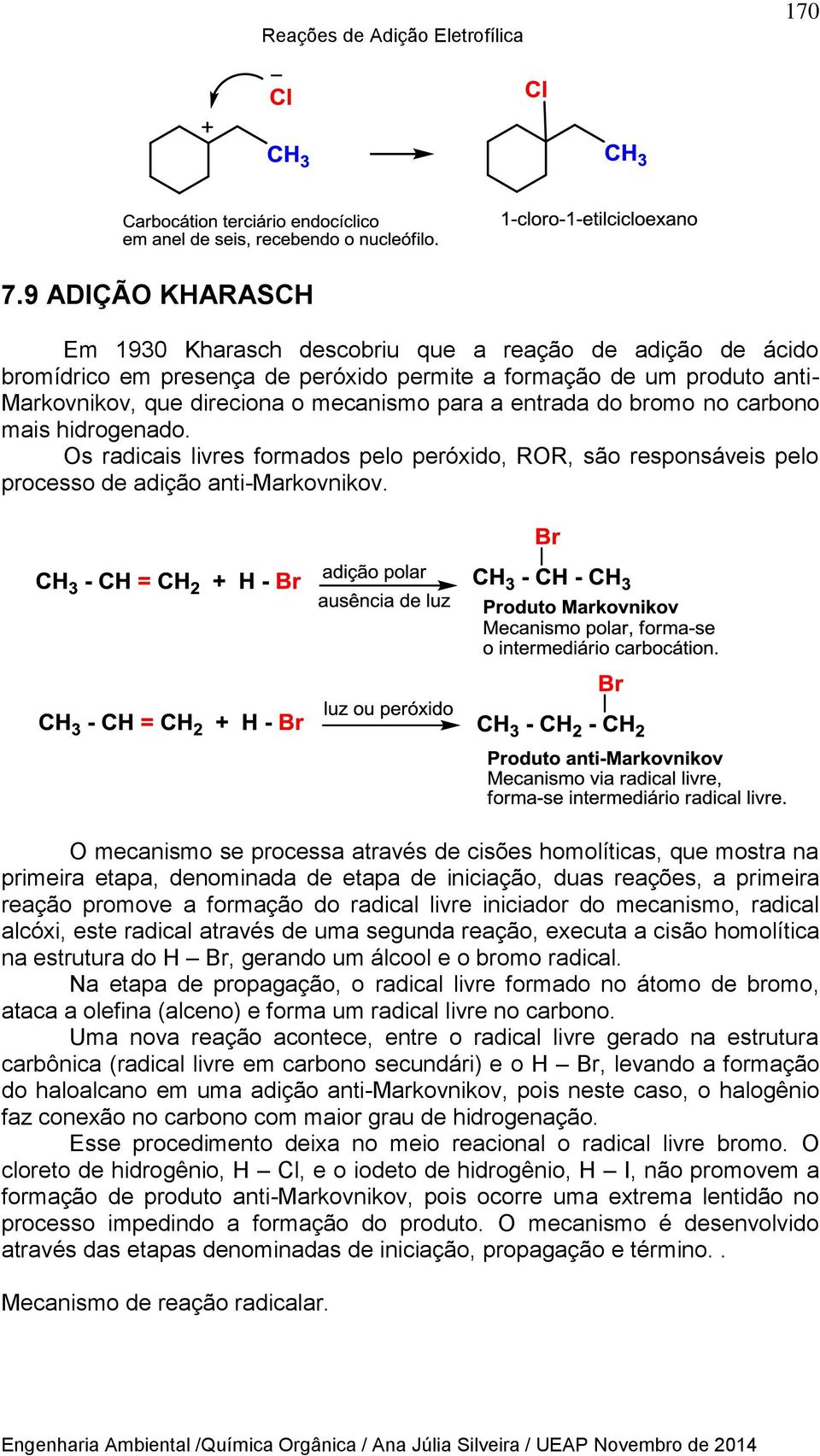 entrada do bromo no carbono mais hidrogenado. Os radicais livres formados pelo peróxido, ROR, são responsáveis pelo processo de adição anti-markovnikov.