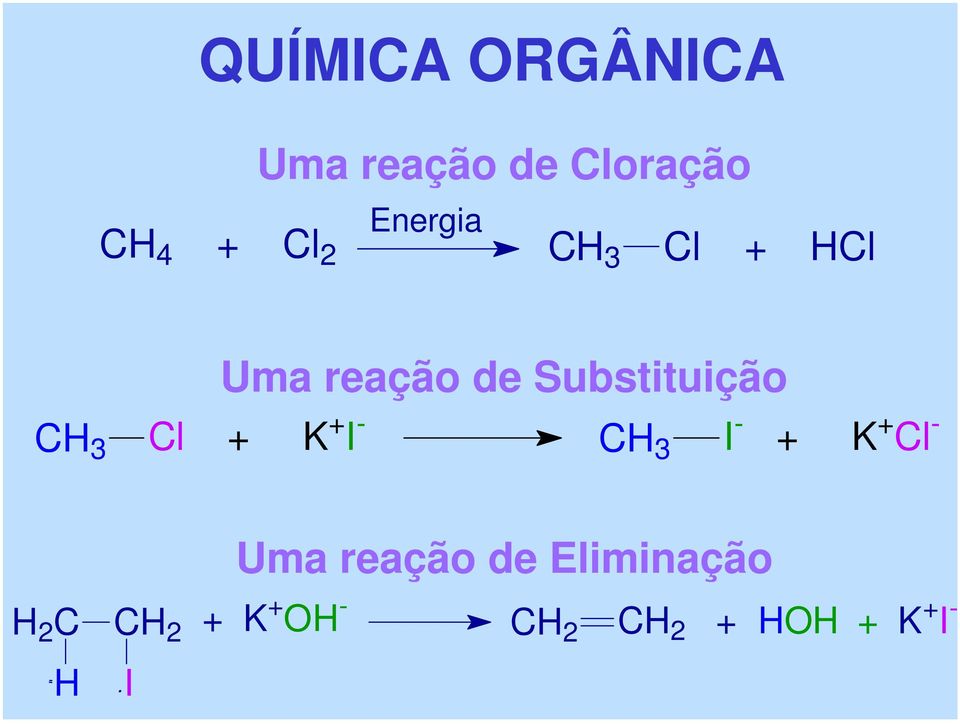 + I - C 3 I - + K + Cl - 2 C C 2 Uma reação