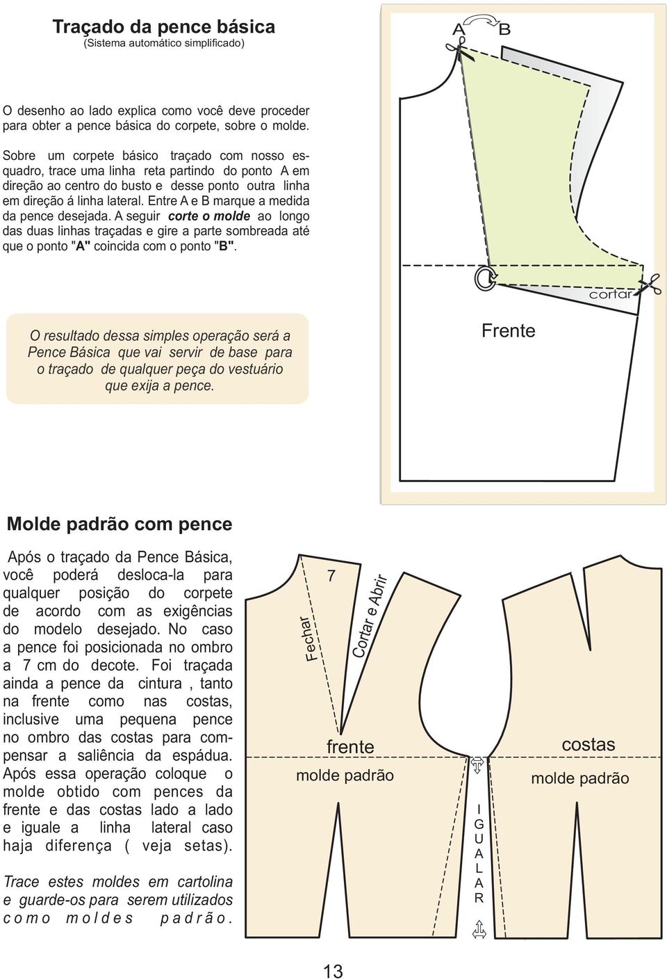 Entre e marque a medida da pence desejada. seguir corte o molde ao longo das duas linhas traçadas e gire a parte sombreada até que o ponto "" coincida com o ponto "".