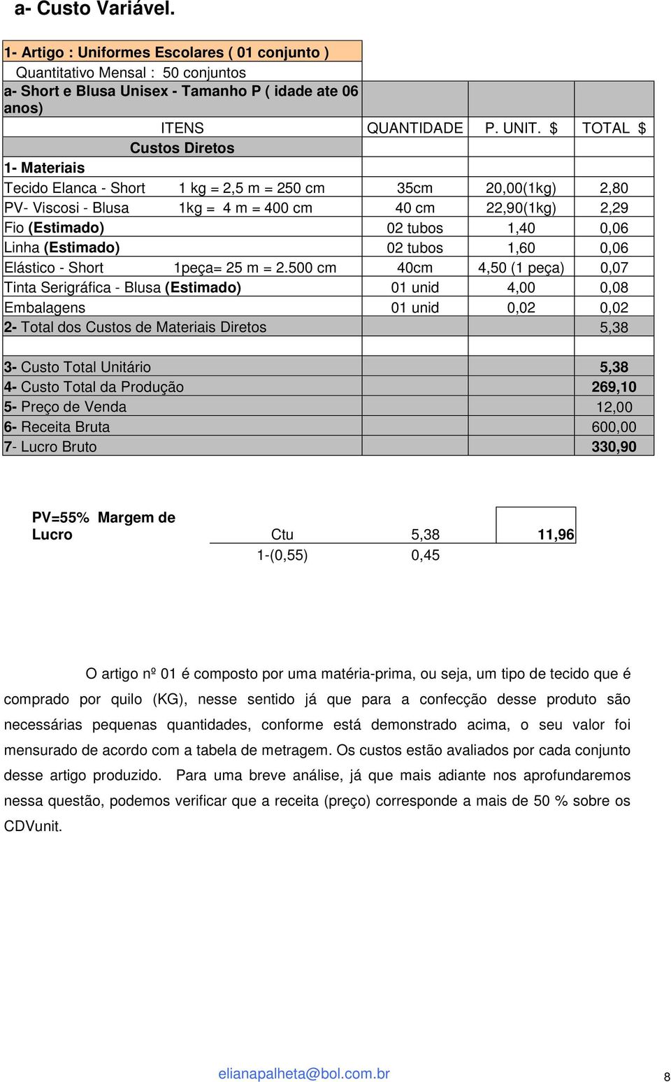 Linha (Estimado) 02 tubos 1,60 0,06 Elástico - Short 1peça= 25 m = 2.