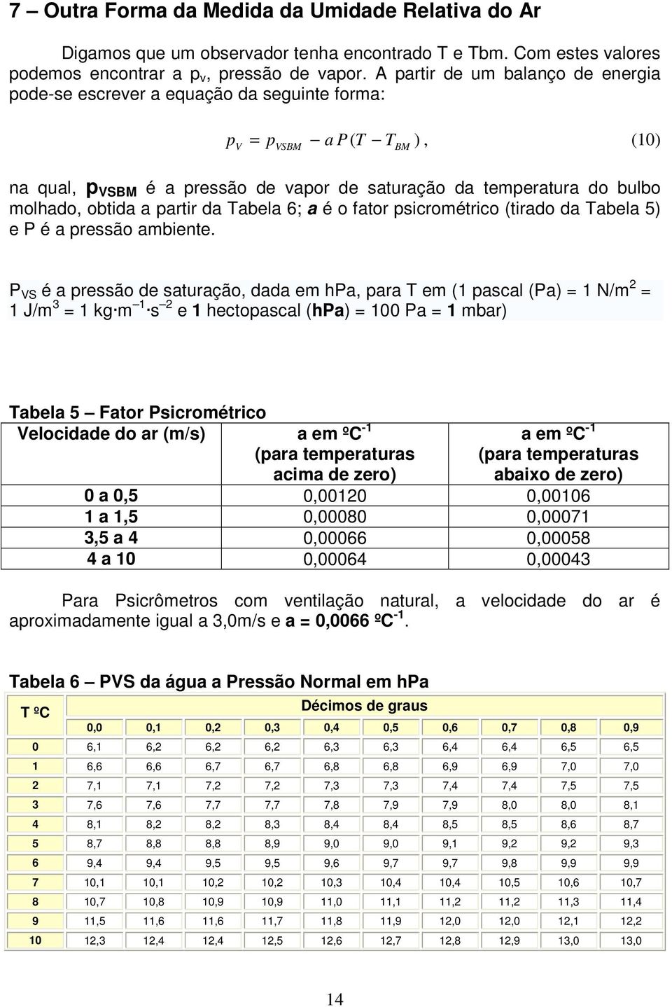 Tabela 6; a é o fator sicrométrico (tirado da Tabela 5) e P é a ressão ambiente.