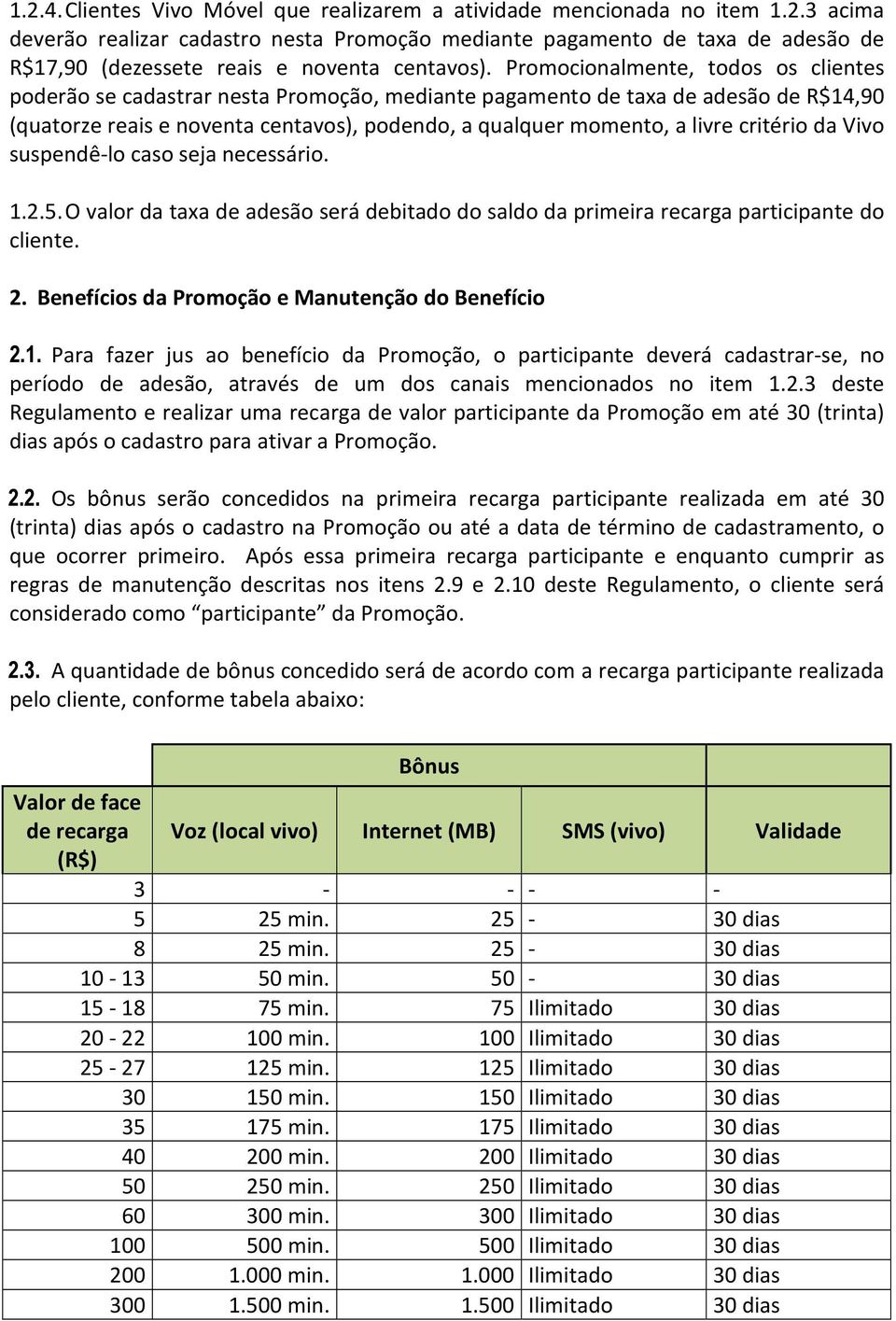 critério da Vivo suspendê-lo caso seja necessário. 1.2.5. O valor da taxa de adesão será debitado do saldo da primeira recarga participante do cliente. 2.