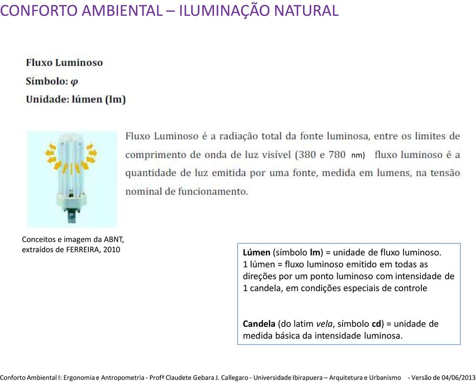 FERREIRA, 2010 Lúmen (símbolo lm) = unidade de fluxo luminoso.