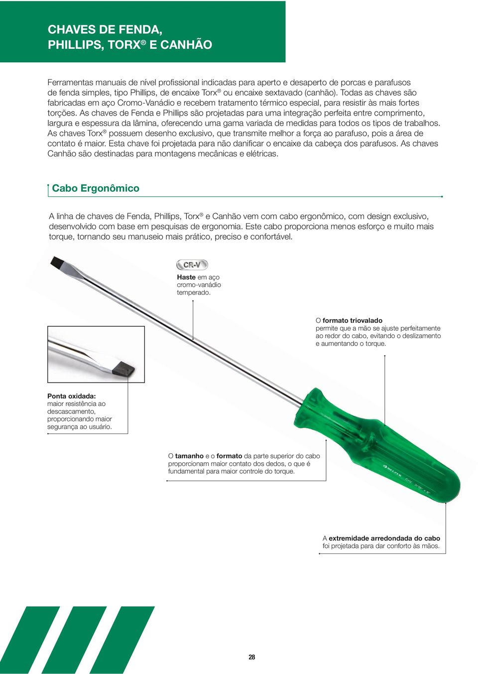 s chaves de Fenda e Phillips são projetadas para uma integração perfeita entre comprimento, largura e espessura da lâmina, oferecendo uma gama variada de medidas para todos os tipos de trabalhos.