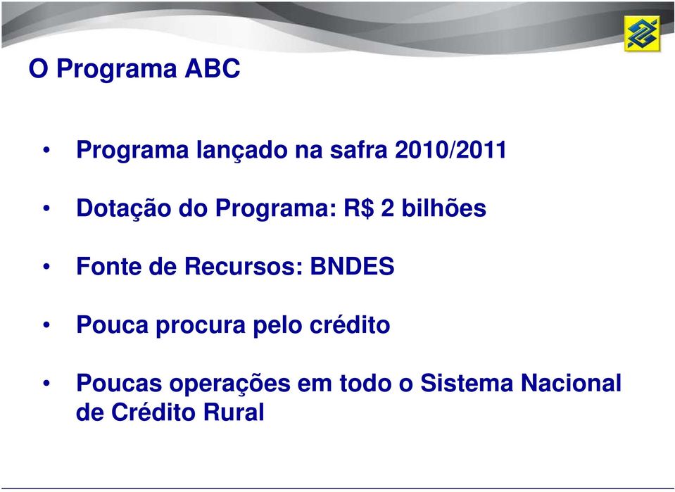 de Recursos: BNDES Pouca procura pelo crédito