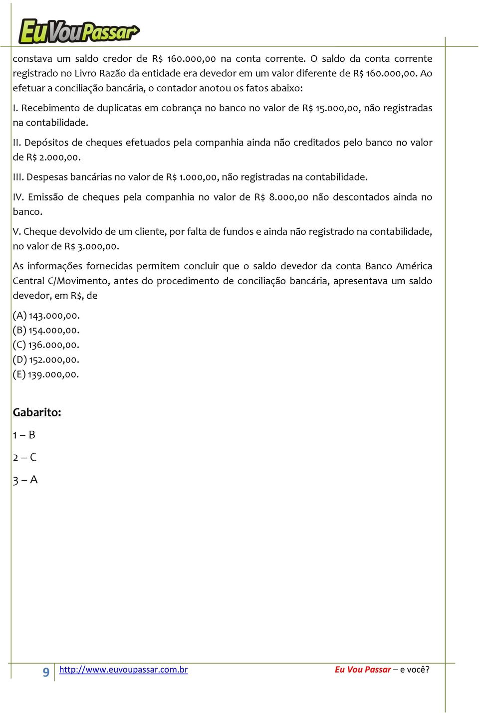 Depósitos de cheques efetuados pela companhia ainda não creditados pelo banco no valor de R$ 2.000,00. III. Despesas bancárias no valor de R$ 1.000,00, não registradas na contabilidade. IV.