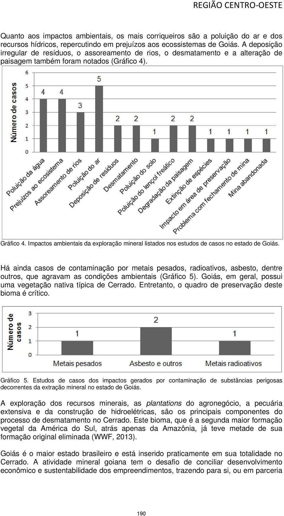 Impactos ambientais da exploração mineral listados nos estudos de casos no estado de Goiás.