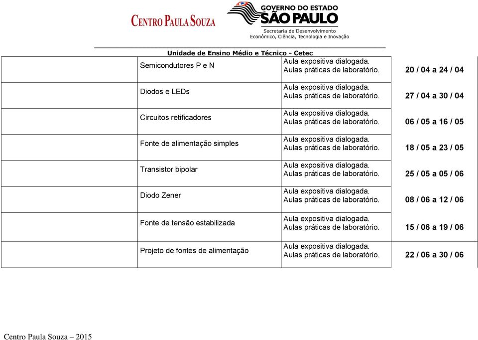 estabilizada Projeto de fontes de alimentação Aulas práticas de laboratório. 27 / 04 a 30 / 04 Aulas práticas de laboratório.