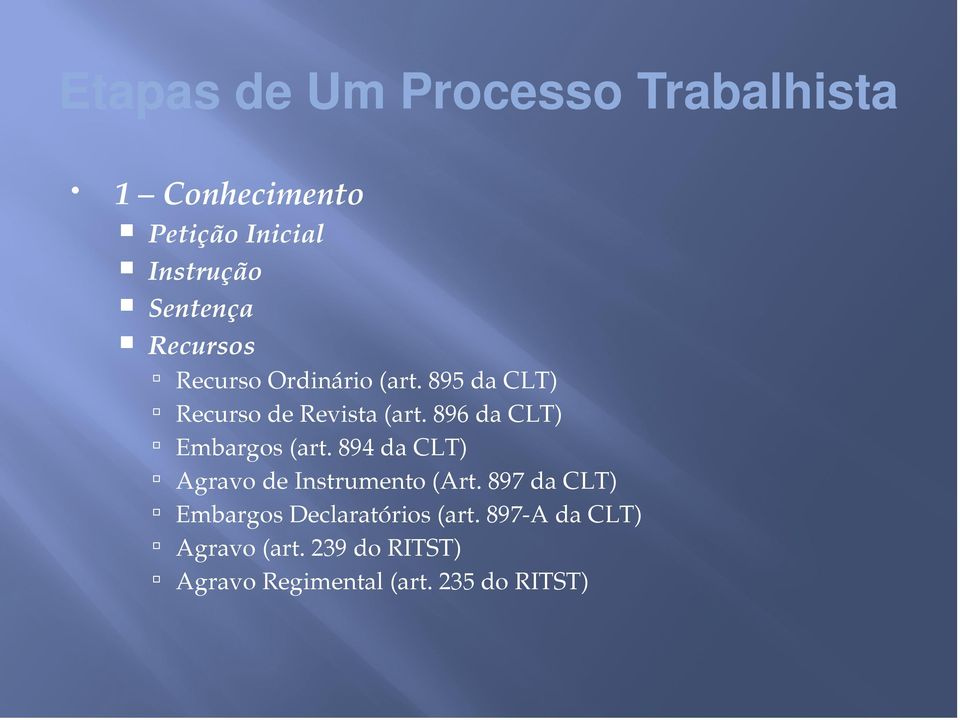 896 da CLT) Embargos (art. 894 da CLT) Agravo de Instrumento (Art.