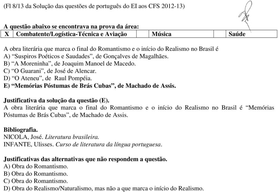 E) Memórias Póstumas de Brás Cubas, de Machado de Assis. Justificativa da solução da questão (E).