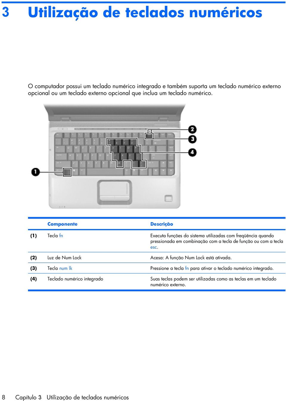 Componente Descrição (1) Tecla fn Executa funções do sistema utilizadas com freqüência quando pressionada em combinação com a tecla de função ou com a tecla esc.