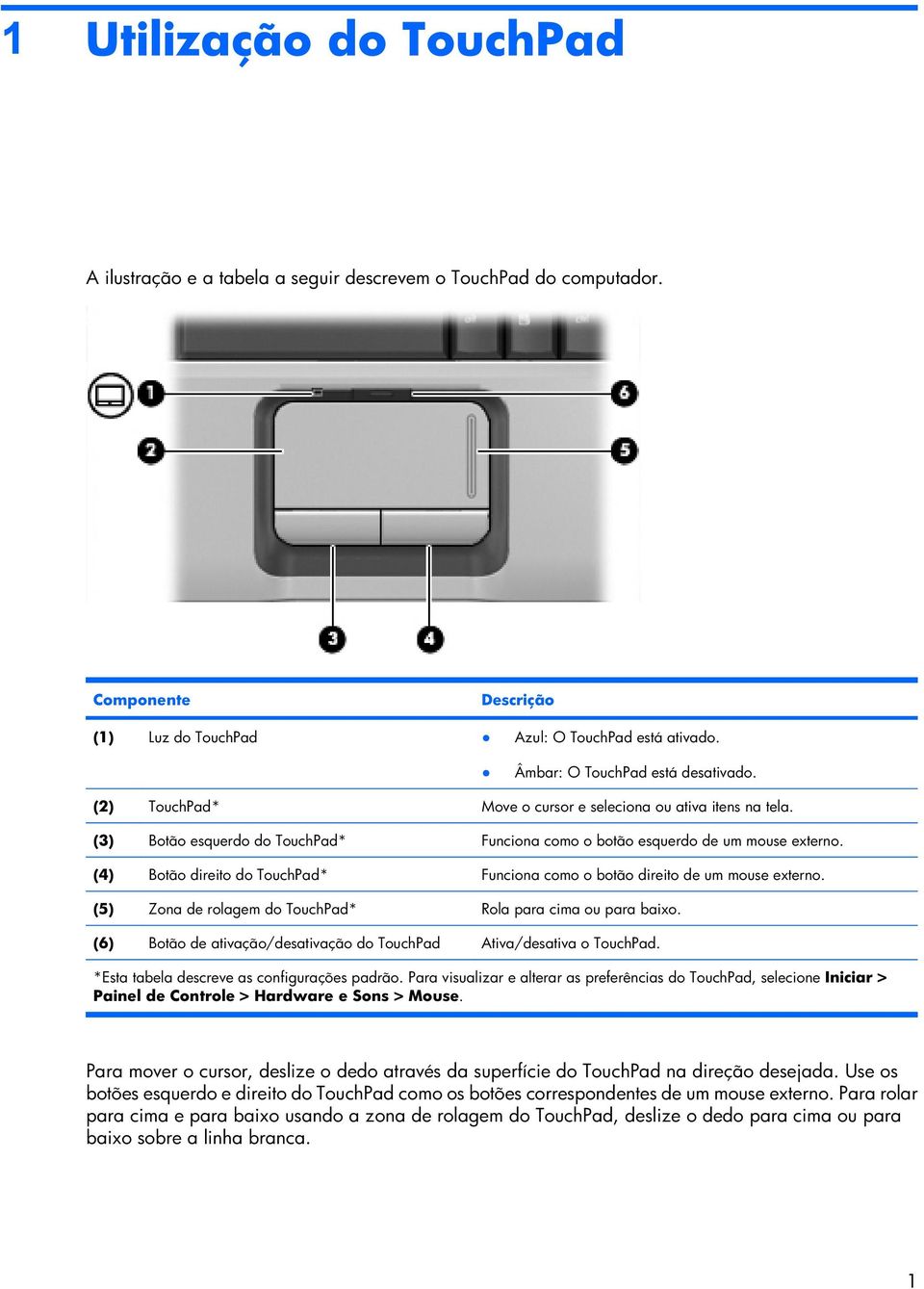 (4) Botão direito do TouchPad* Funciona como o botão direito de um mouse externo. (5) Zona de rolagem do TouchPad* Rola para cima ou para baixo.