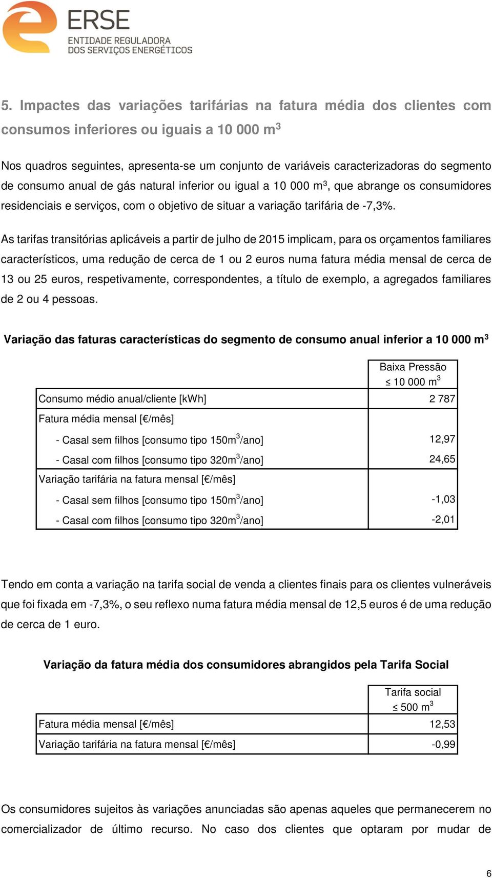 As tarifas transitórias aplicáveis a partir de julho de 2015 implicam, para os orçamentos familiares característicos, uma redução de cerca de 1 ou 2 euros numa fatura média mensal de cerca de 13 ou