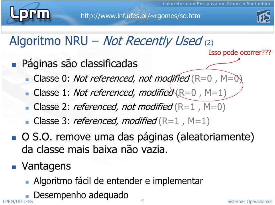 referenced, modified (R=1, M=1) O S.O. remove uma das páginas (aleatoriamente) da classe mais baixa não vazia.