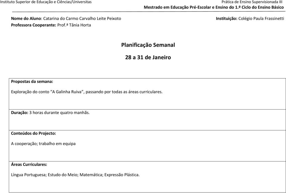 Exploração do conto A Galinha Ruiva, passando por todas as áreas curriculares.