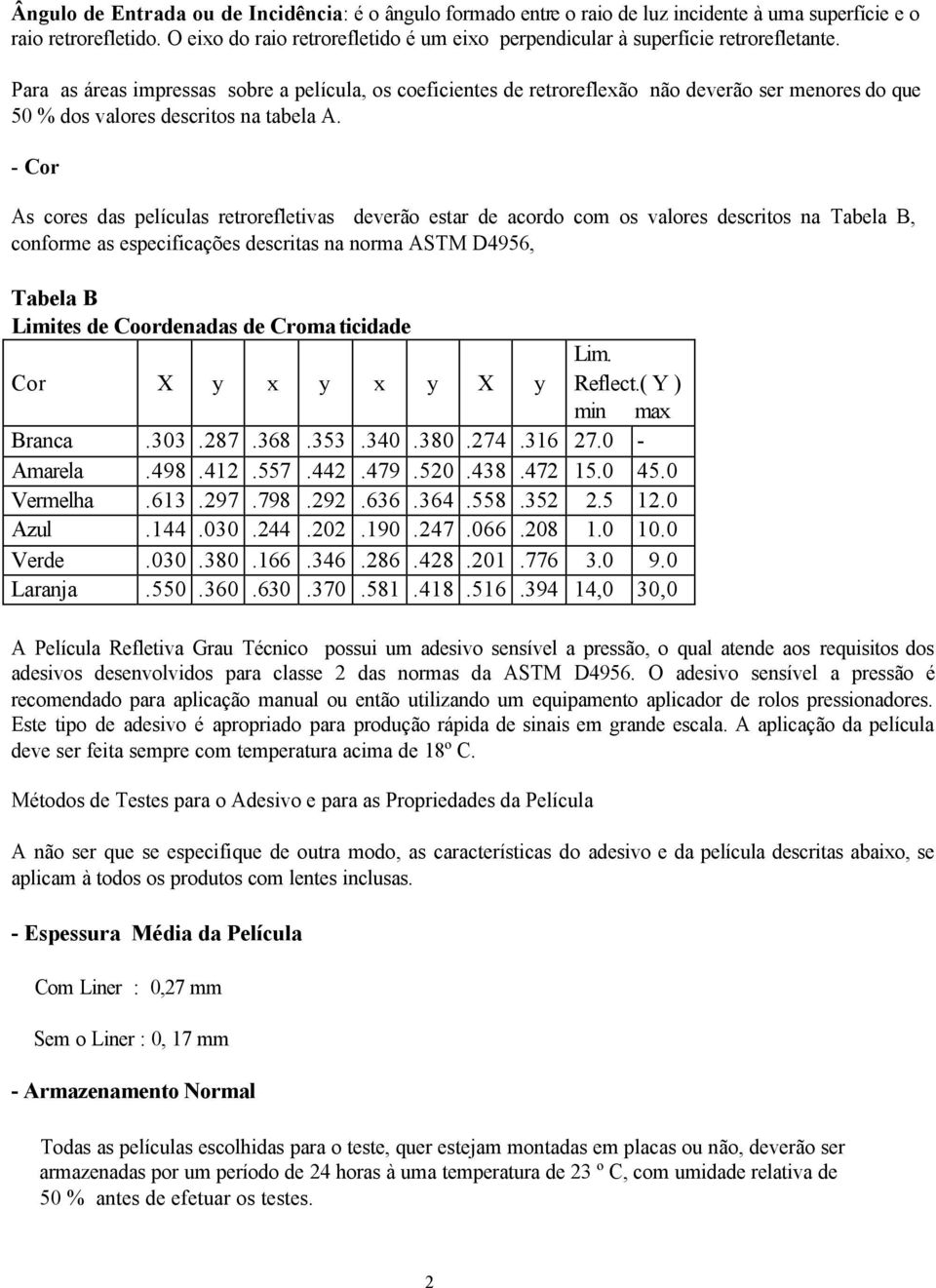 Para as áreas impressas sobre a película, os coeficientes de retroreflexão não deverão ser menores do que 50 % dos valores descritos na tabela A.