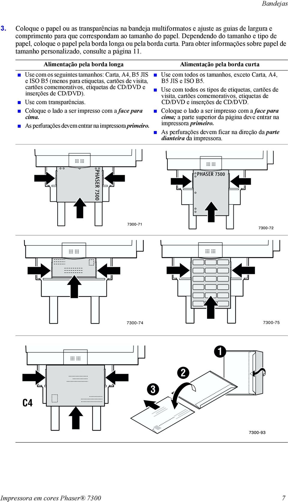 Alimentação pela borda longa Use com os seguintes tamanhos: Carta, A4, B5 JIS e ISO B5 (menos para etiquetas, cartões de visita, cartões comemorativos, etiquetas de CD/DVD e inserções de CD/DVD).