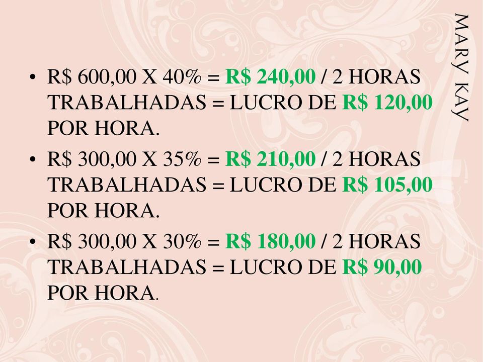 R$ 300,00 X 35% = R$ 210,00 / 2 HORAS TRABALHADAS = LUCRO DE