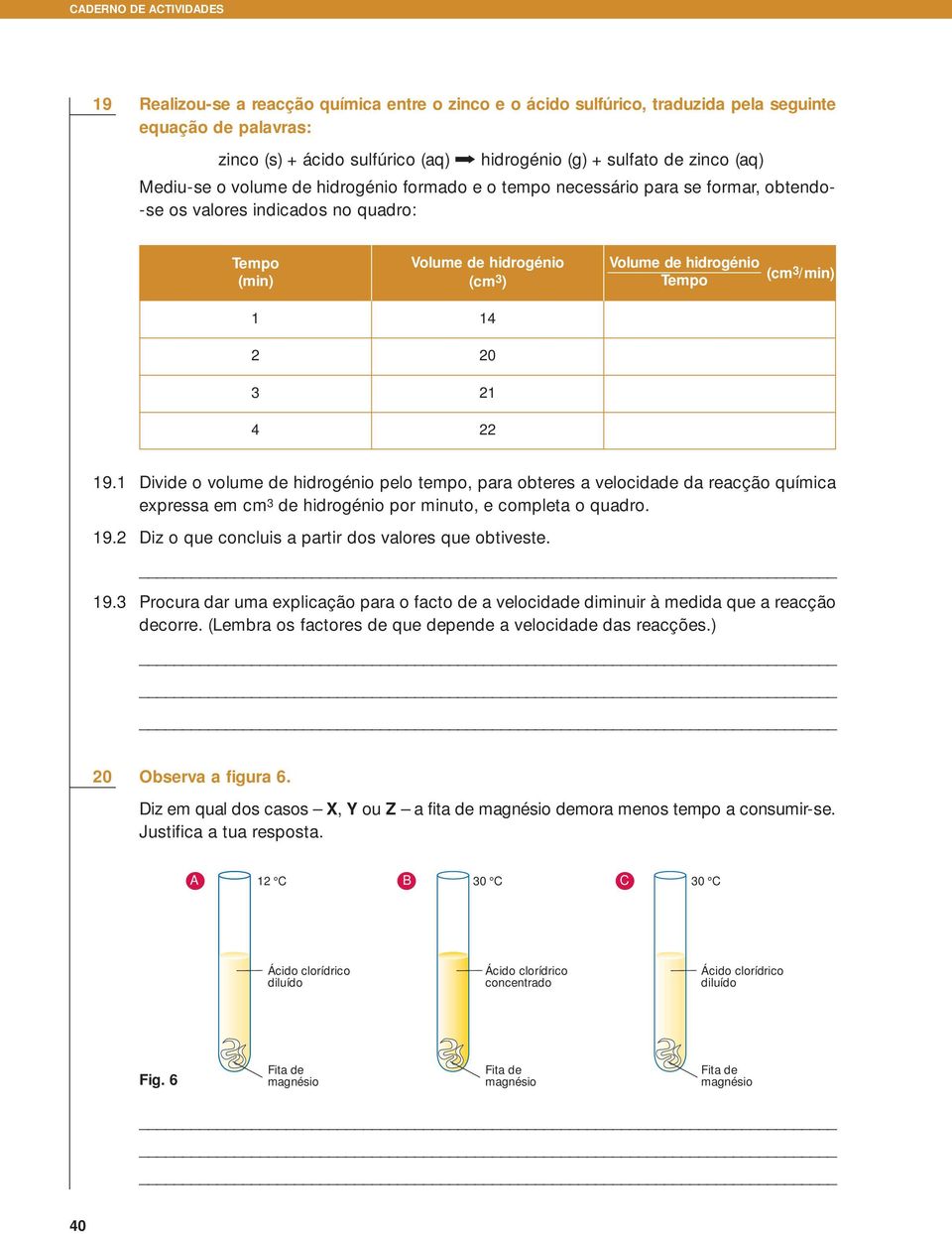 Tempo (cm 3 /min) 1 14 2 3 4 20 21 22 19.1 Divide o volume de hidrogénio pelo tempo, para obteres a velocidade da reacção química expressa em cm 3 de hidrogénio por minuto, e completa o quadro. 19.2 Diz o que concluis a partir dos valores que obtiveste.