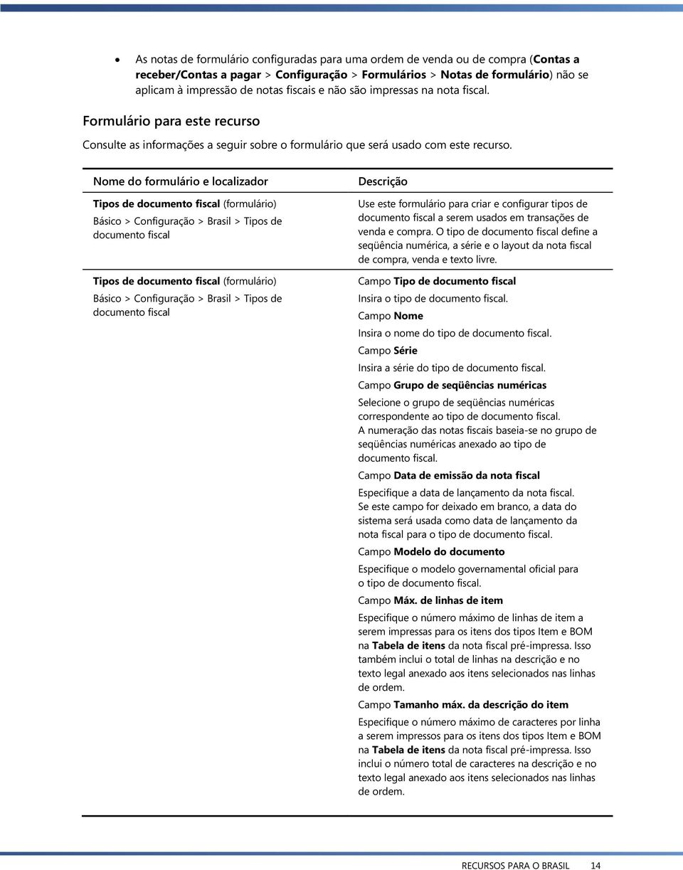 Nome do formulário e localizador Tipos de documento fiscal (formulário) Básico > Configuração > Brasil > Tipos de documento fiscal Tipos de documento fiscal (formulário) Básico > Configuração >