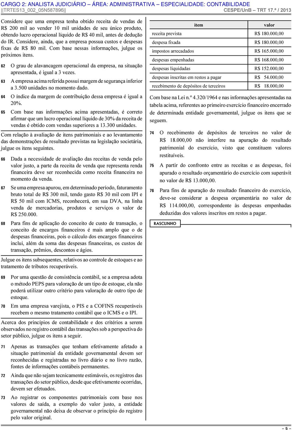 62 O grau de alavancagem operacional da empresa, na situação apresentada, é igual a 3 vezes. 63 A empresa acima referida possui margem de segurança inferior a 3.500 unidades no momento dado.