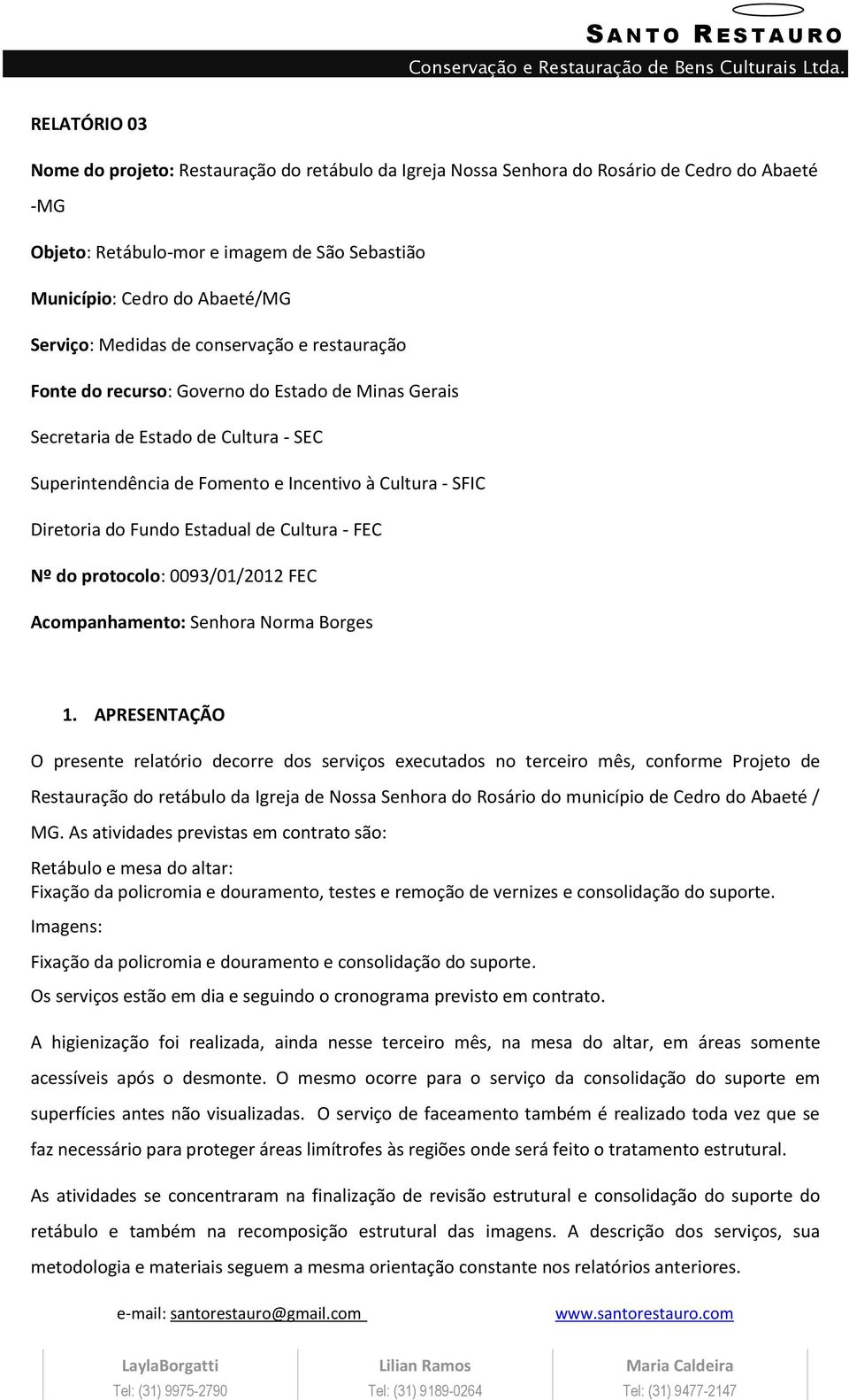 Fundo Estadual de Cultura - FEC Nº do protocolo: 0093/01/2012 FEC Acompanhamento: Senhora Norma Borges 1.