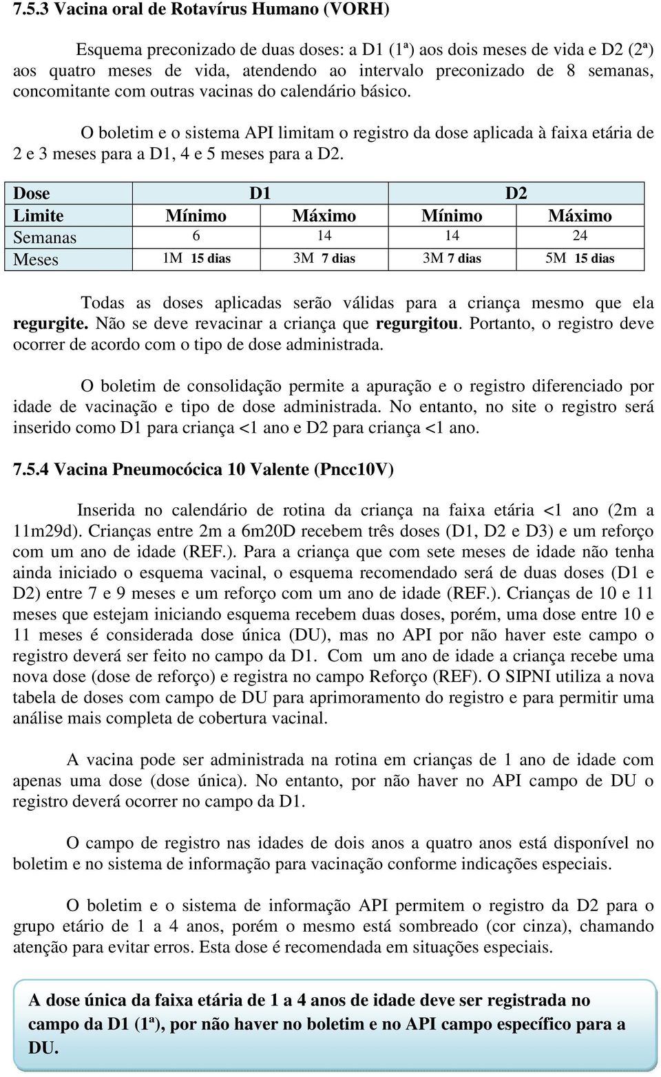 Dose D1 D2 Limite Mínimo Máximo Mínimo Máximo Semanas 6 14 14 24 Meses 1M 15 dias 3M 7 dias 3M 7 dias 5M 15 dias Todas as doses aplicadas serão válidas para a criança mesmo que ela regurgite.