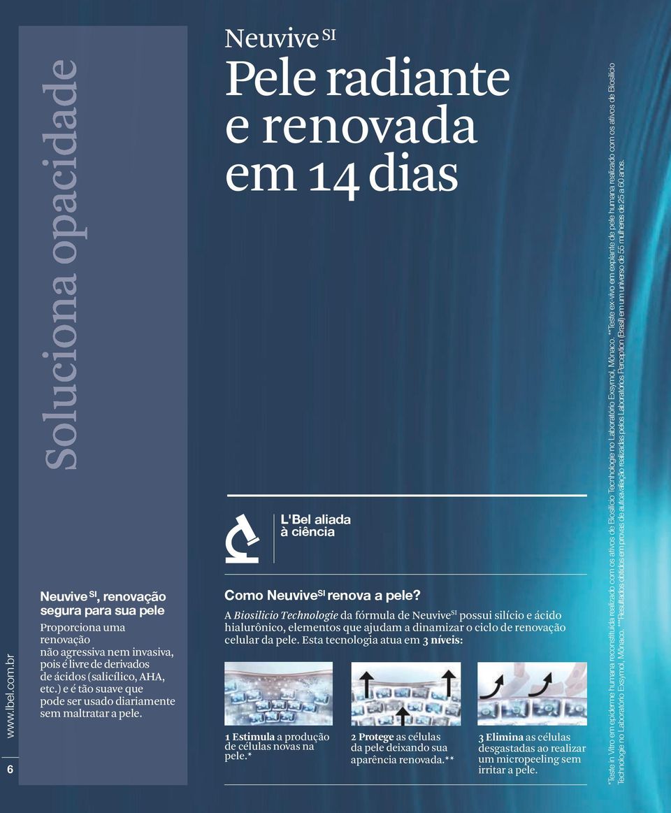 A Biosilicio Technologie da fórmula de Neuvive SI possui silício e ácido hialurônico, elementos que ajudam a dinamizar o ciclo de renovação celular da pele.