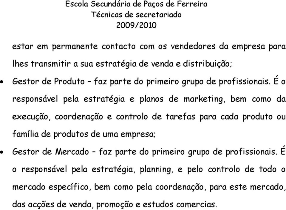 É o responsável pela estratégia e planos de marketing, bem como da execução, coordenação e controlo de tarefas para cada produto ou família de